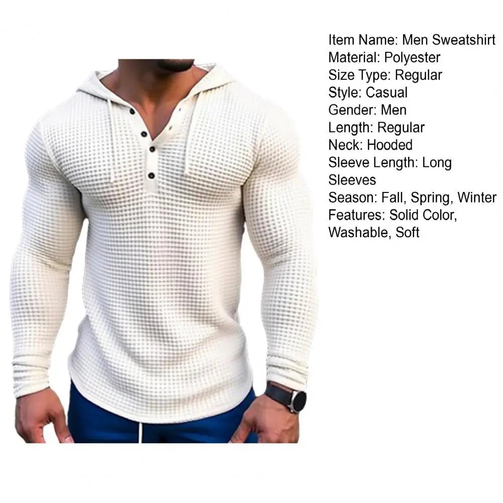 Spring Solid Color Slim Fit Long Sleeved T-shirt, Men's Hooded Breathable Sports Top, Waffle Cotton Casual Long Sleeved Shirt