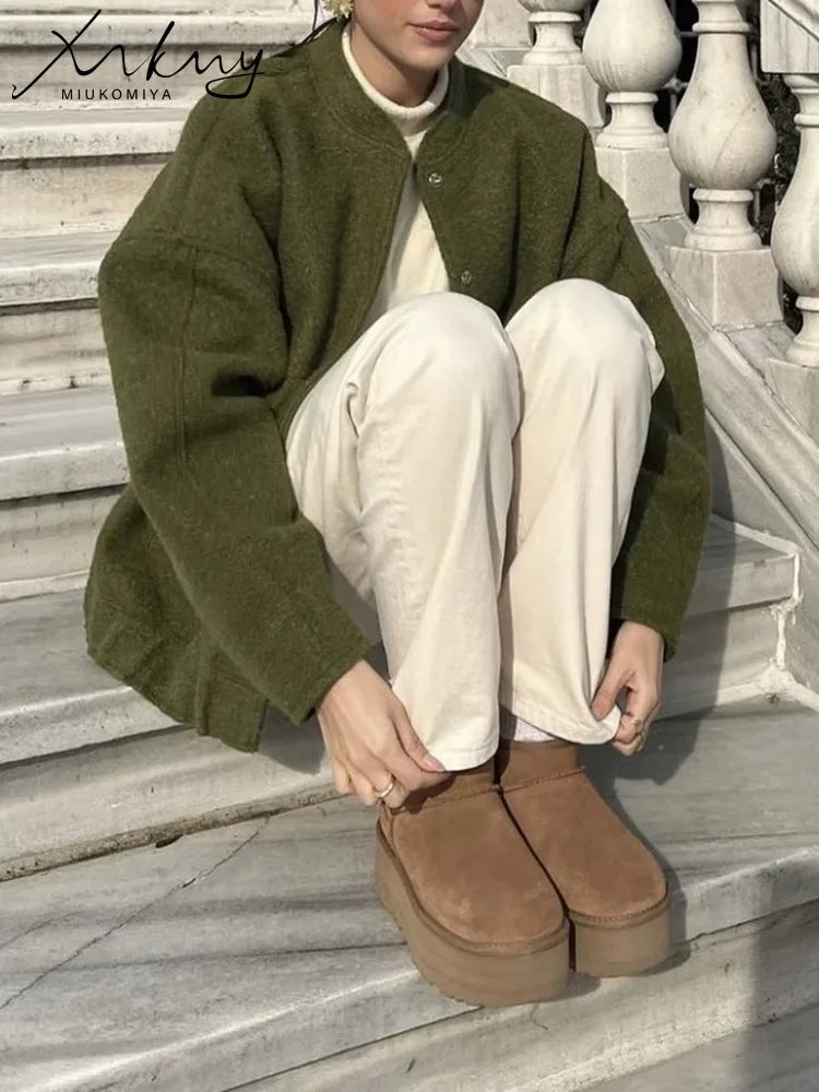 MiuKoMiYa Army Green Short Wool Blend Bomber Jackets For Women Winter Outdoor Women's Woolen Blend Coat Women Loose Wool Jacket