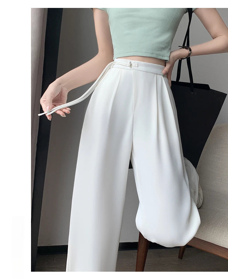 2025 New Spring Summer Tapered Wide Leg Suit Pants White High Waist Drop Hem Loose Straight Casual Slim Fit Trousers Female