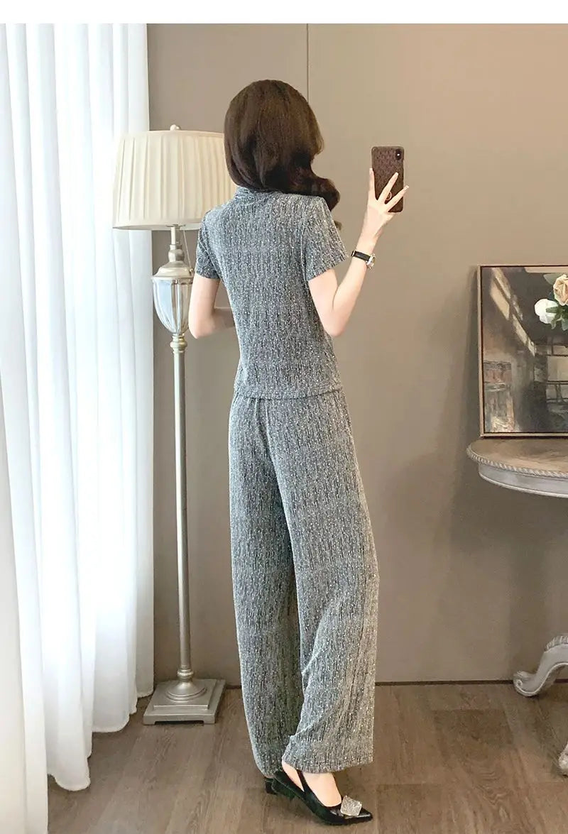 Fashion suit women's summer new style high-end feeling new Chinese style short sleeved top+casual wide leg pants two-piece set