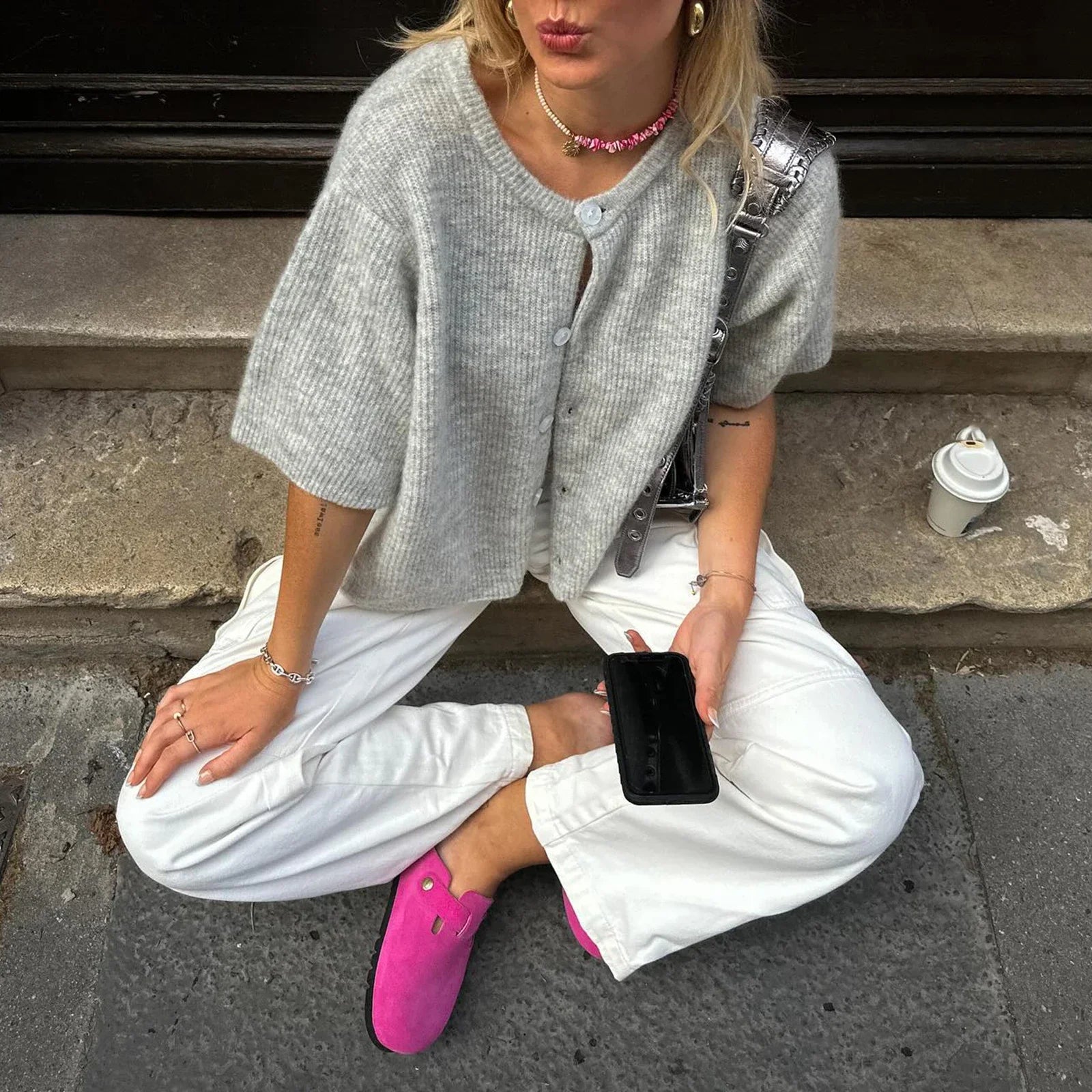 2000s Sweaters y2k Clothes Women Solid Color Round Neck Single Breasted Short Sleeve Cardigan Tops Fashion Streetwear