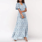 Women V-neck Ruffle Short Sleeve Maxi Dress Waist Tight High-waist Hem Sweet Floral Print Elegant Dress Female Clothing Vestidos