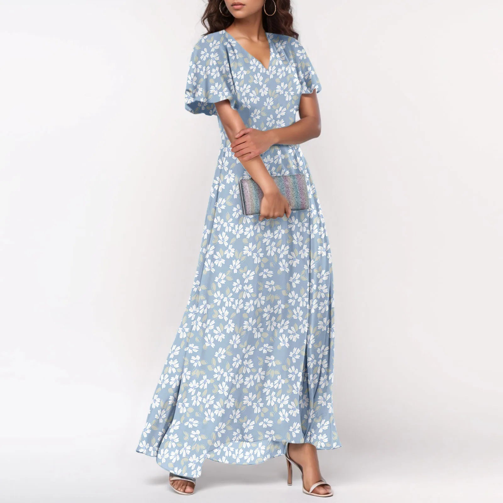 Women V-neck Ruffle Short Sleeve Maxi Dress Waist Tight High-waist Hem Sweet Floral Print Elegant Dress Female Clothing Vestidos