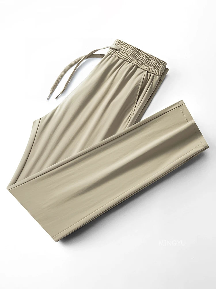 Summer High Stretch Smooth Ice Silk Casual Pants Man Thin Soft Elastic Waist Korean Grey Sweatpants Sports Jogging Trousers Male
