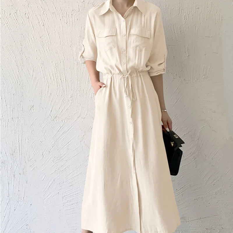 Matakawa Shirt Dresses for Women Solid Long Sleeve Japan Style Elegant Vestidos A-line Simple Fashion Casual  Dress Vintage
