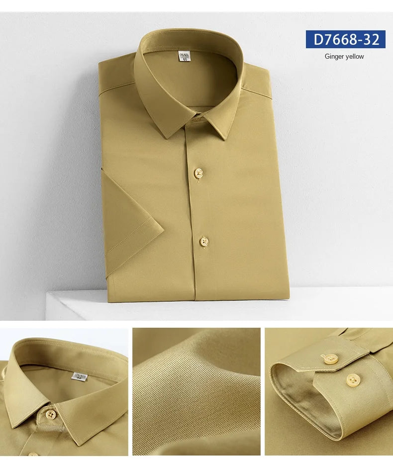 2023 Summer Short Sleeve High Density Silky Material Solid  Elastic Business Men Dress Shirts No Pocket Stretch Clothes