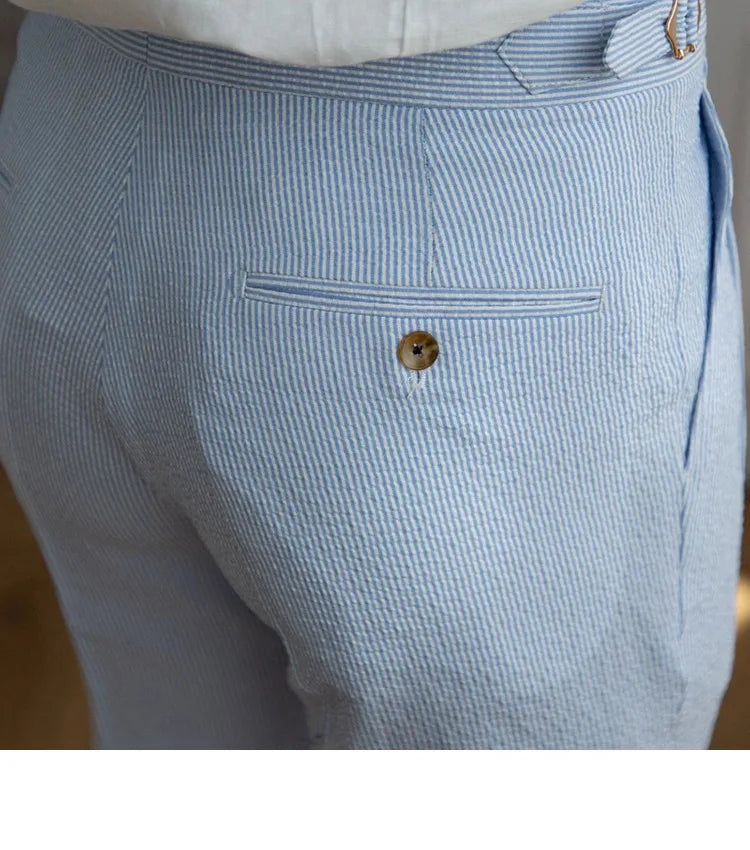 High-end Striped Men's Suit Pants Spring Summer Thin Italian Straight Casual Trousers Blue Paris Buckle Business Trousers