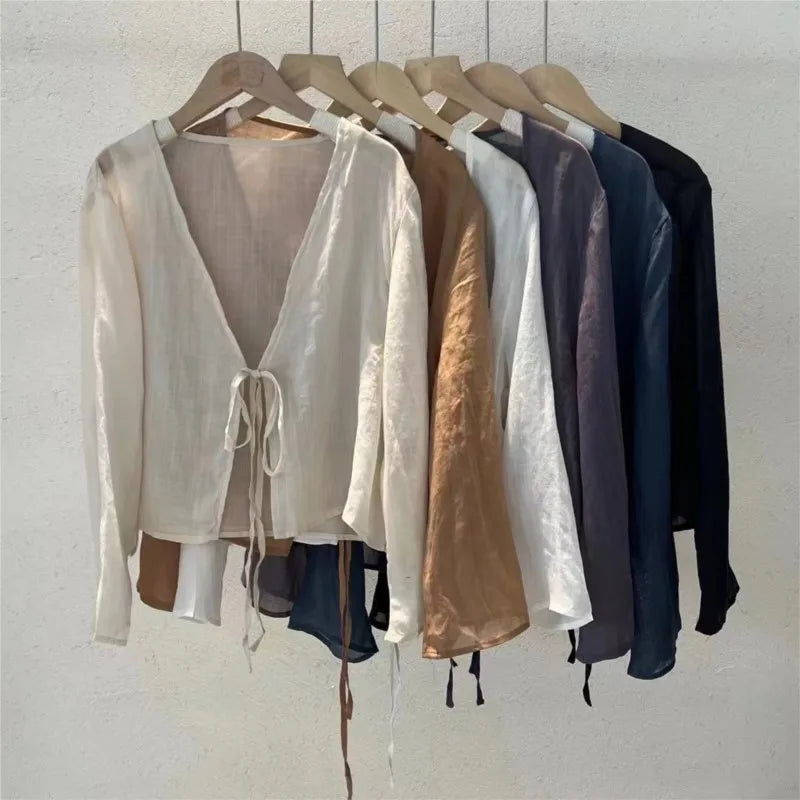 Johnature Original Vintage Chinese Style Linen Frenulum Shirt 2024 Summer Woman New V-Neck Long Sleeves Design Casual Shirt