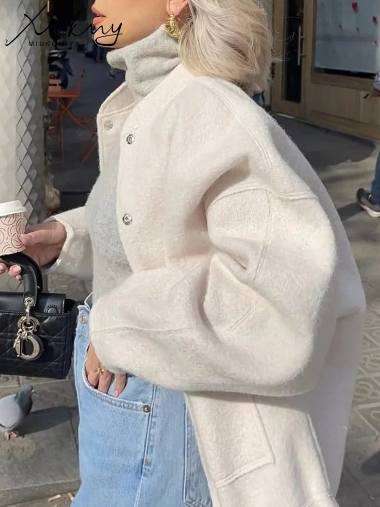 MiuKoMiYa Army Green Short Wool Blend Bomber Jackets For Women Winter Outdoor Women's Woolen Blend Coat Women Loose Wool Jacket