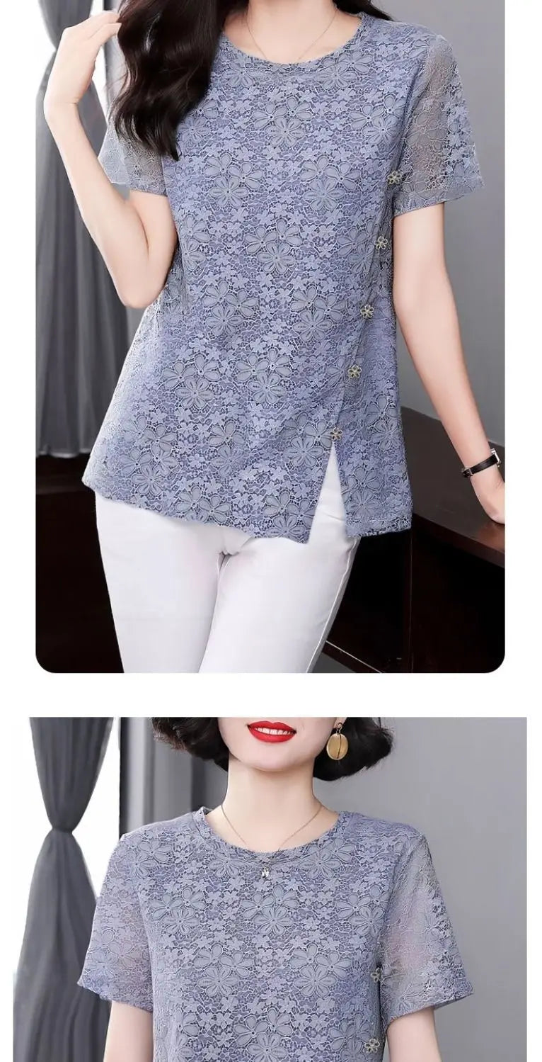 Lace Women's Summer New Fashion Stylish Short Sleeve T-Shirt Plus Size Design Sense Loose Slimming Top
