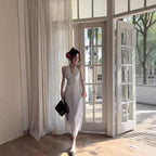 2024 Korean Style Open-back Halter Neck Dress Women's Summer Elegant Long Dress Waist-fitted A- line Skirt Sleeveless