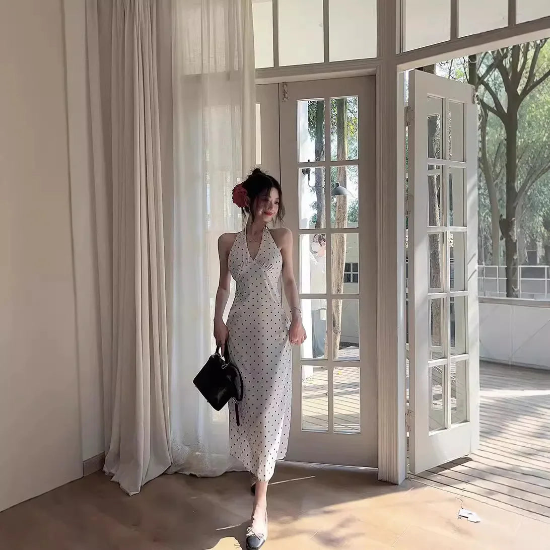 2024 Korean Style Open-back Halter Neck Dress Women's Summer Elegant Long Dress Waist-fitted A- line Skirt Sleeveless