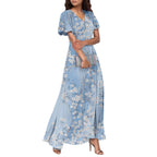Women V-neck Ruffle Short Sleeve Maxi Dress Waist Tight High-waist Hem Sweet Floral Print Elegant Dress Female Clothing Vestidos