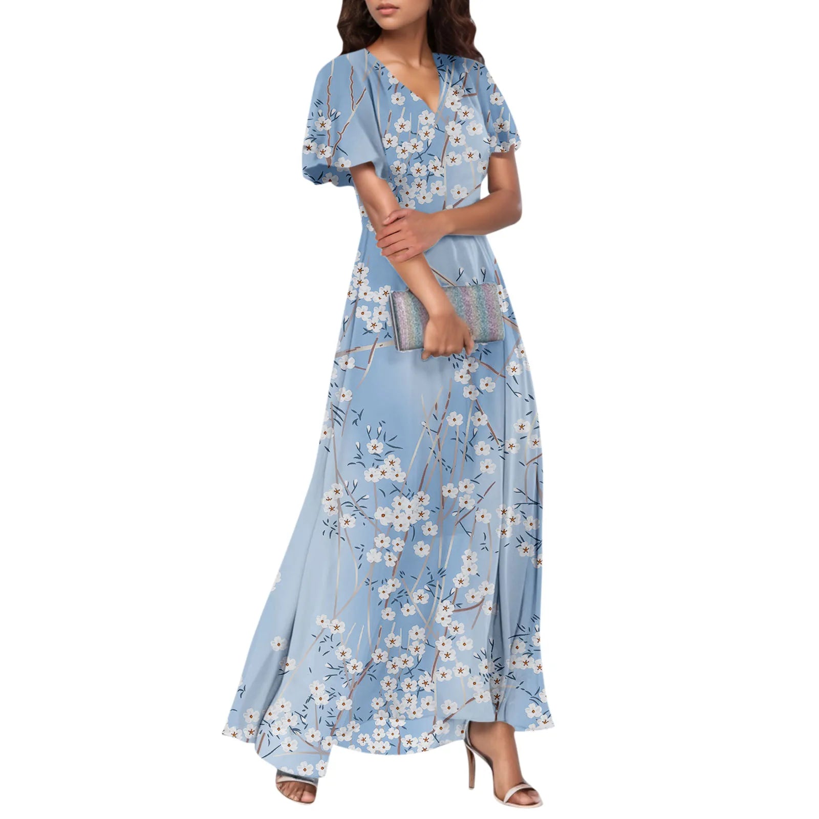 Women V-neck Ruffle Short Sleeve Maxi Dress Waist Tight High-waist Hem Sweet Floral Print Elegant Dress Female Clothing Vestidos