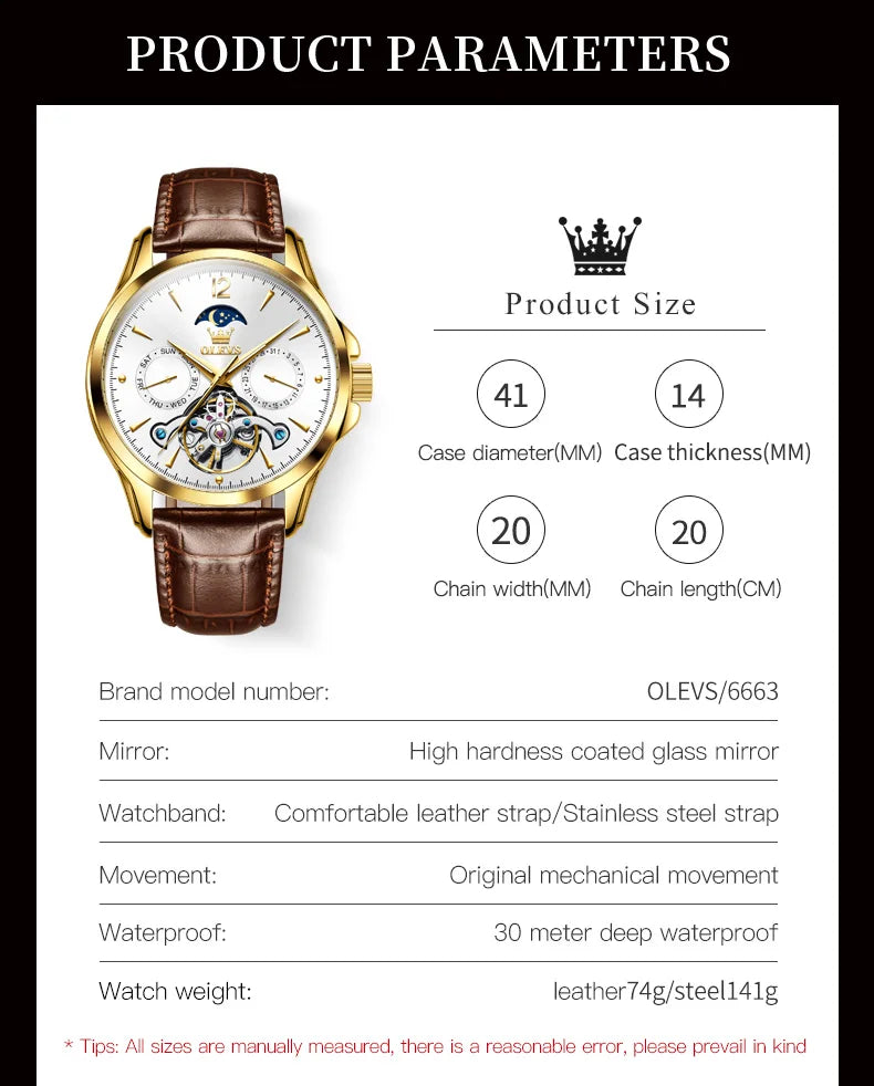 OLEVS 6663 Mens Watch Original Mechanical Watch Tourbillon Waterproof Luminous Leather Strap Moon Phase Day-Date Watch With Box
