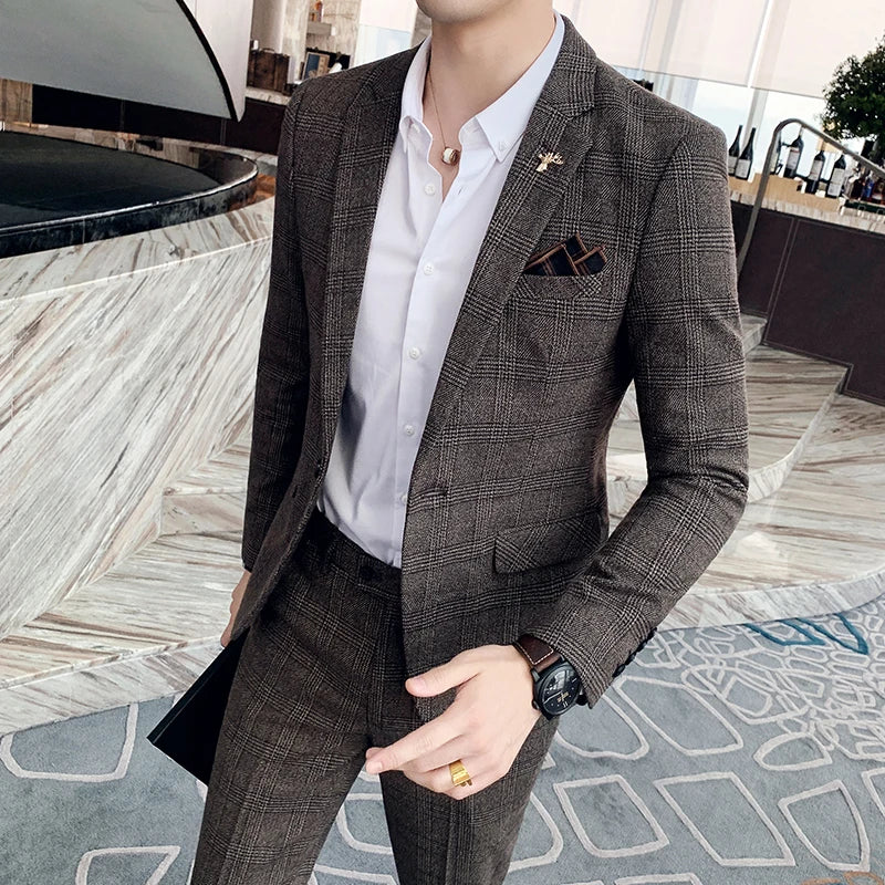Men Luxury Slim Fit Check Suits Men Boutique Business Casual Formal Suits Sets Blazers+Pants Wedding Social Tuxedo Dress Homme