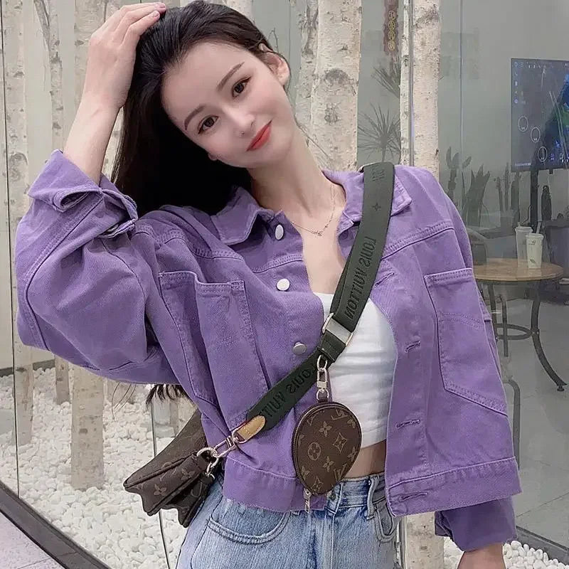 Internet Celebrity Purple Denim Jacket for Women Spring Autumn New Fashion Versatile Small Bf Loose Short Jacket Denim Jacket
