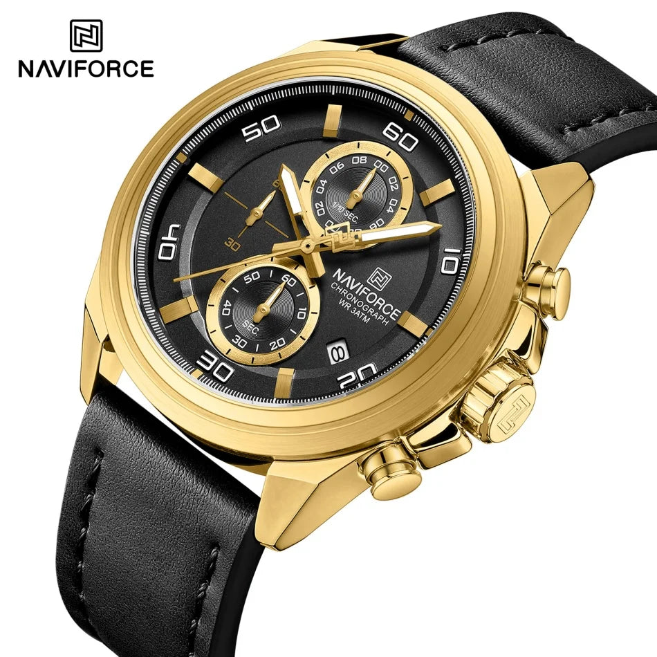 NAVIFORCE  Hands Wristwatches Genuine Leather Strap Alloy Case Casual Watches Dress Watch for Men Waterproof with Date Luminous
