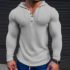 Spring Solid Color Slim Fit Long Sleeved T-shirt, Men's Hooded Breathable Sports Top, Waffle Cotton Casual Long Sleeved Shirt