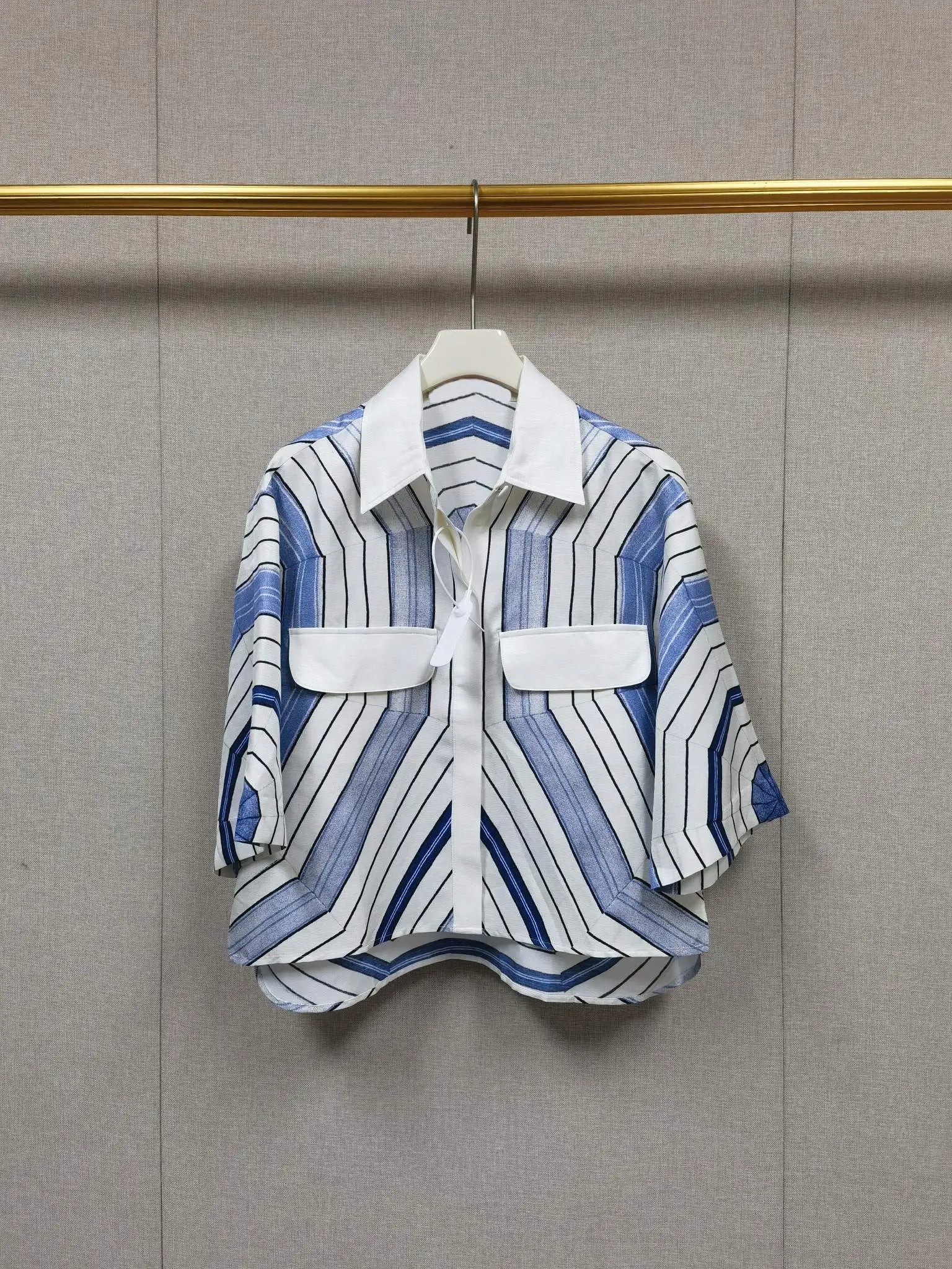 Elegant 2025 Summer Women's Geometric Print Contrasting Collar Shirt+Shorts+Long Sleeved Shirt+Pleated Skirt Set