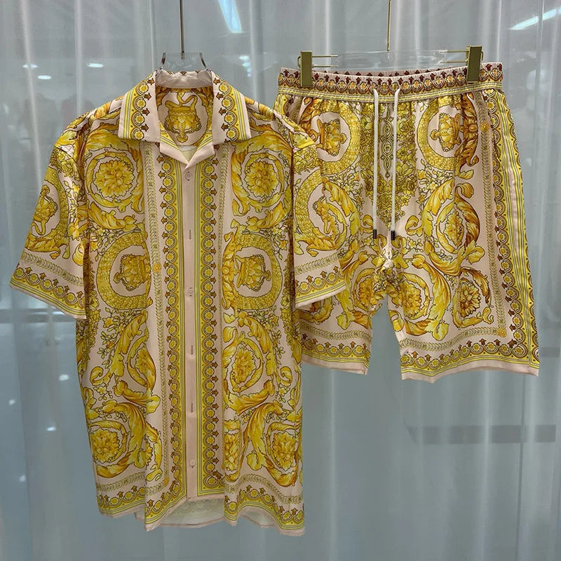 Royal luxury digital printed men's set fashion two-piece shorts set high-quality summer short sleeved shirt Allen Sen Trendy Clo