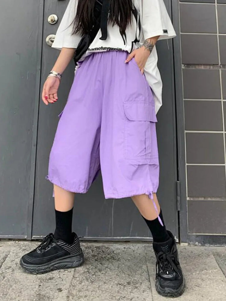 Zoki Streetwear Harajuku Oversize Bf Cargo Shorts Hip Hop Fashion High Waist Women Big Pockets Casual Shorts Summer Loose Shorts