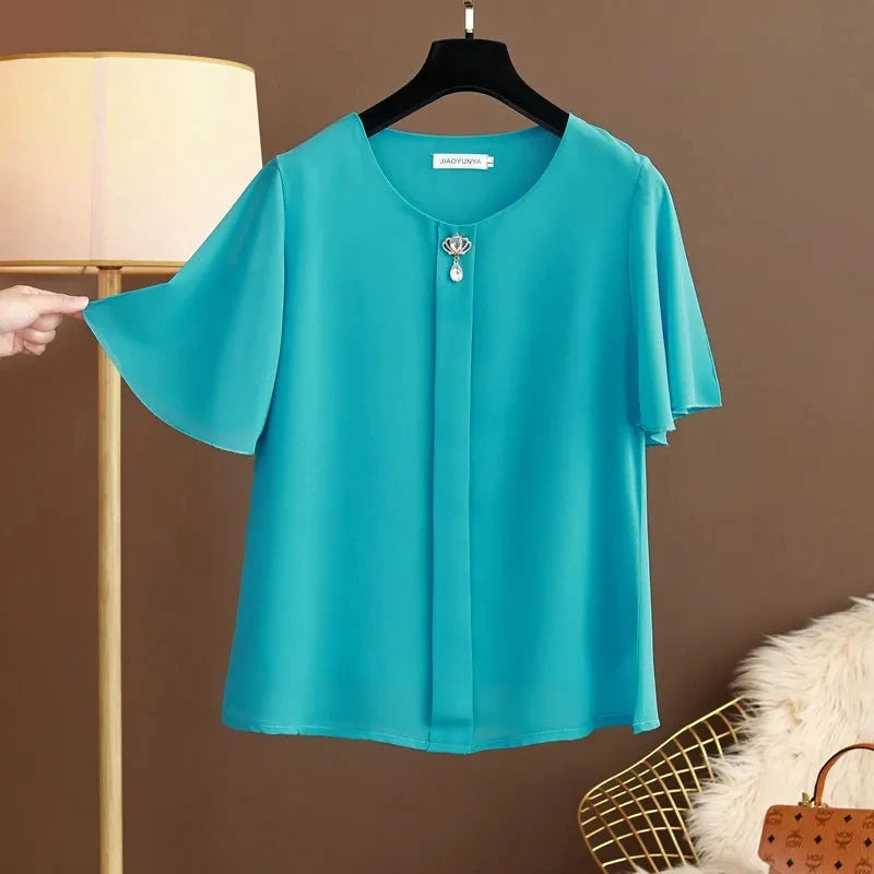 Women Blouse And Tops Summer Short Sleeve Chiffon T-shirt Middle Age Female Fashion Pullover Tshirts Shirts Large Size L-6XL