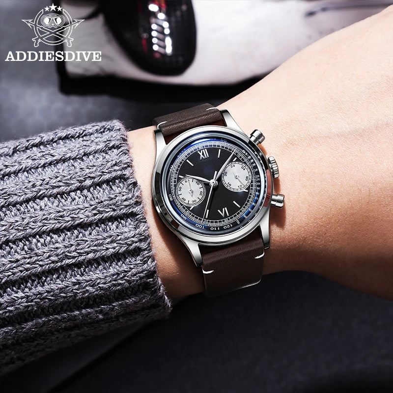 ADDIESDIVE Retro Quartz Watch for Men VK64 Multifunctional 24 Hour Chronograph Watches Bubble Mirror Glass 100m Dive Wristwatch