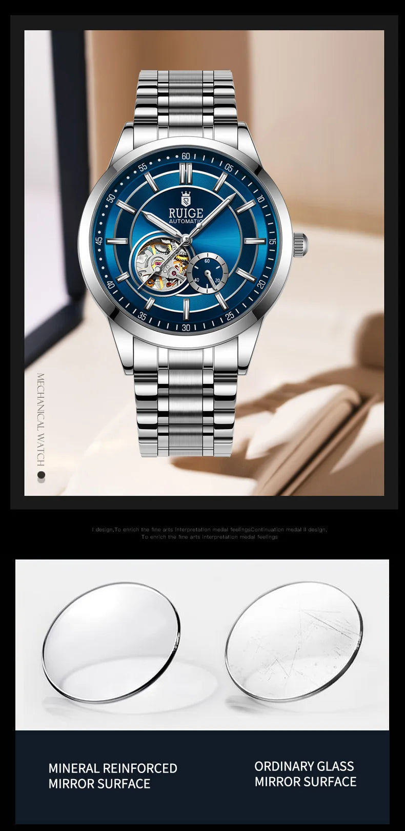 RUIGE High Quality Hollow Mechanical Movement Men's Watch Stainless Steel Fashion Men's Night Light Waterproof Watch