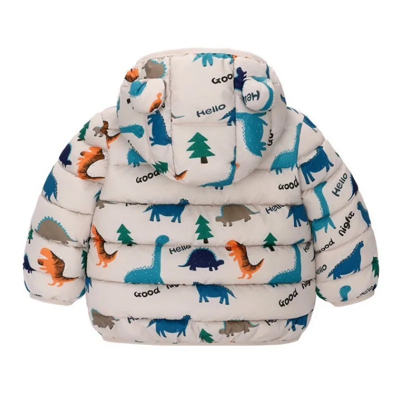 Children Boys Baby Hooded Lightweight Down Jackets Warm Outerwear Autumn Kids Girls Coats Cartoon Dinosaur Print Casual Clothing