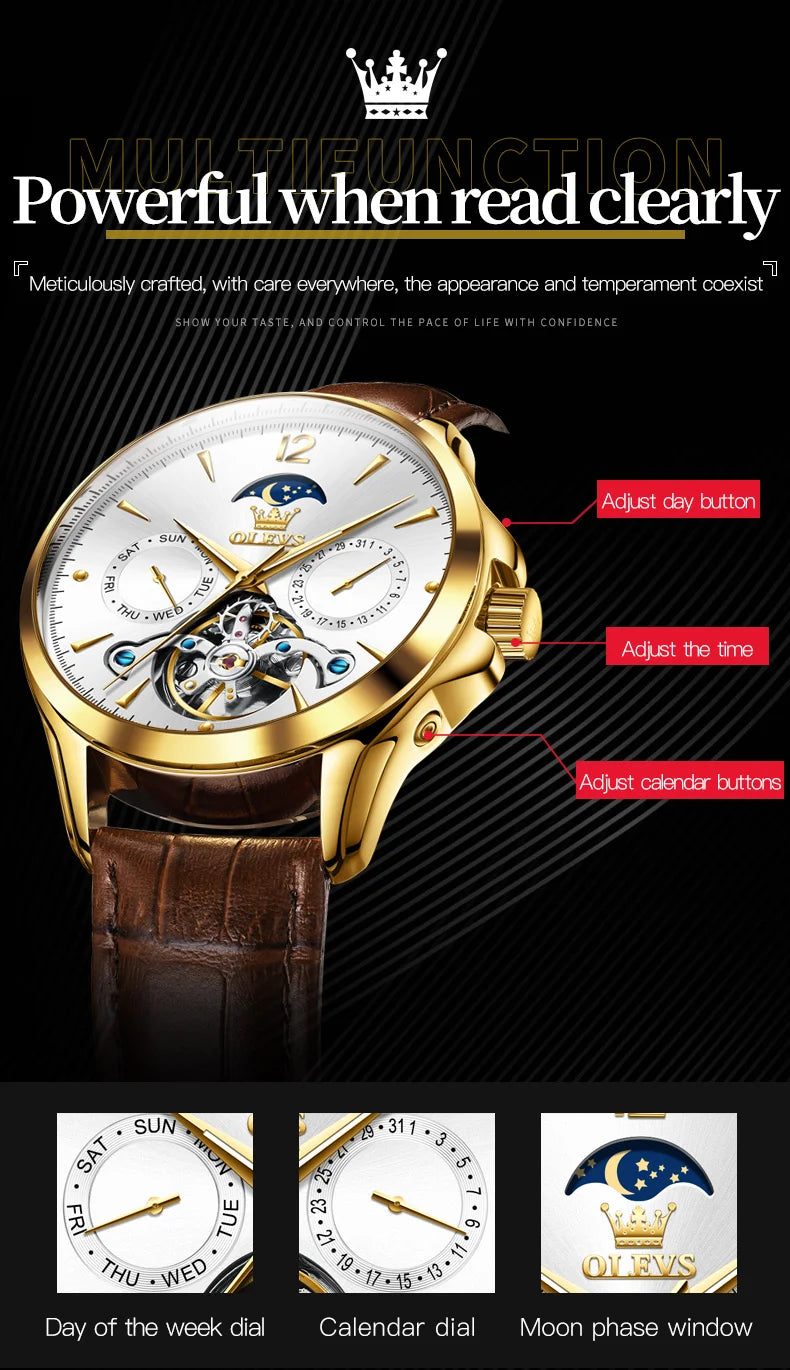 OLEVS 6663 Mens Watch Original Mechanical Watch Tourbillon Waterproof Luminous Leather Strap Moon Phase Day-Date Watch With Box