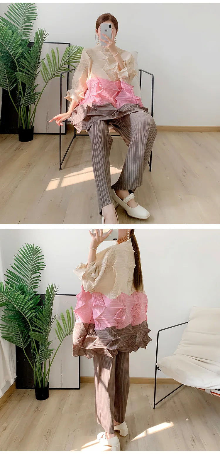 Miyake Diamond Pleated Two Piece Set Women Winter Outfits Elegant Causal Batwing Long Sleeve Three Colour Tos Straight Pants