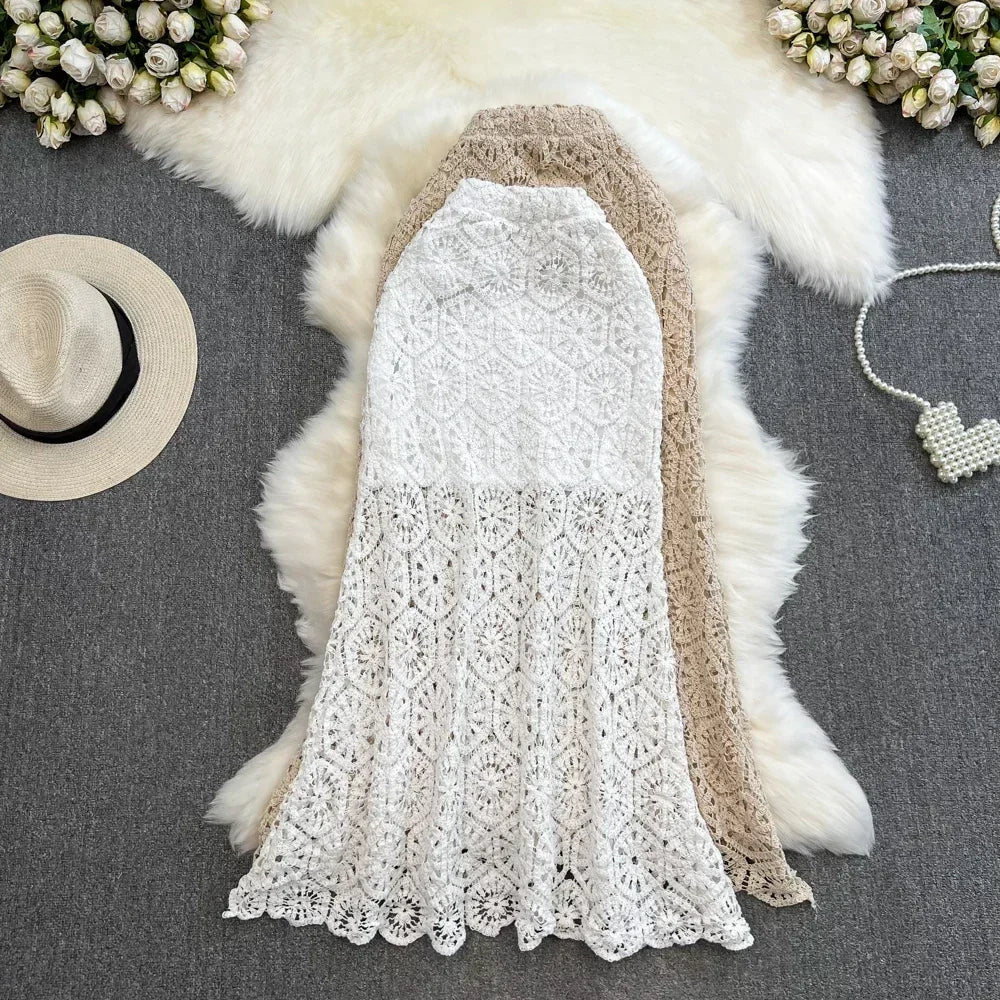 Boho Holiday Long Skirts Women Crochet Hollow Out Female Trumpet Skirt Ladies Elegant Lace Patchwork Summer Skirt Dropshipping