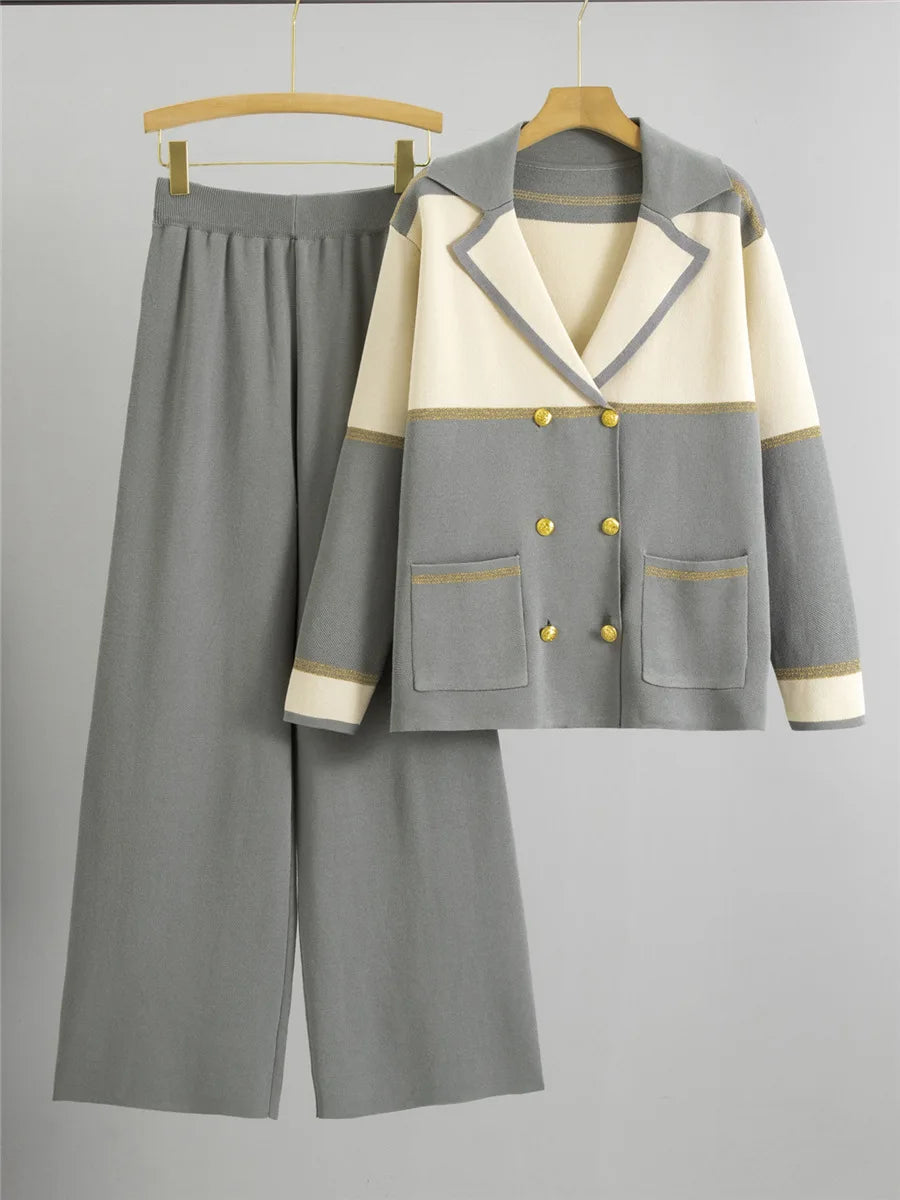 Korean Design Knitted 2 Piece Sets Women Knitwears Double Breasted Sweater Cardigan Tops Conjuntos High Waist Sweatpants Outfit