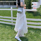 White Lace Irregular Maxi Skirts Women Vintage Ruffles Spliced A-Line Skirts Woman Summer Design Sheer High Waist Cake Skirt