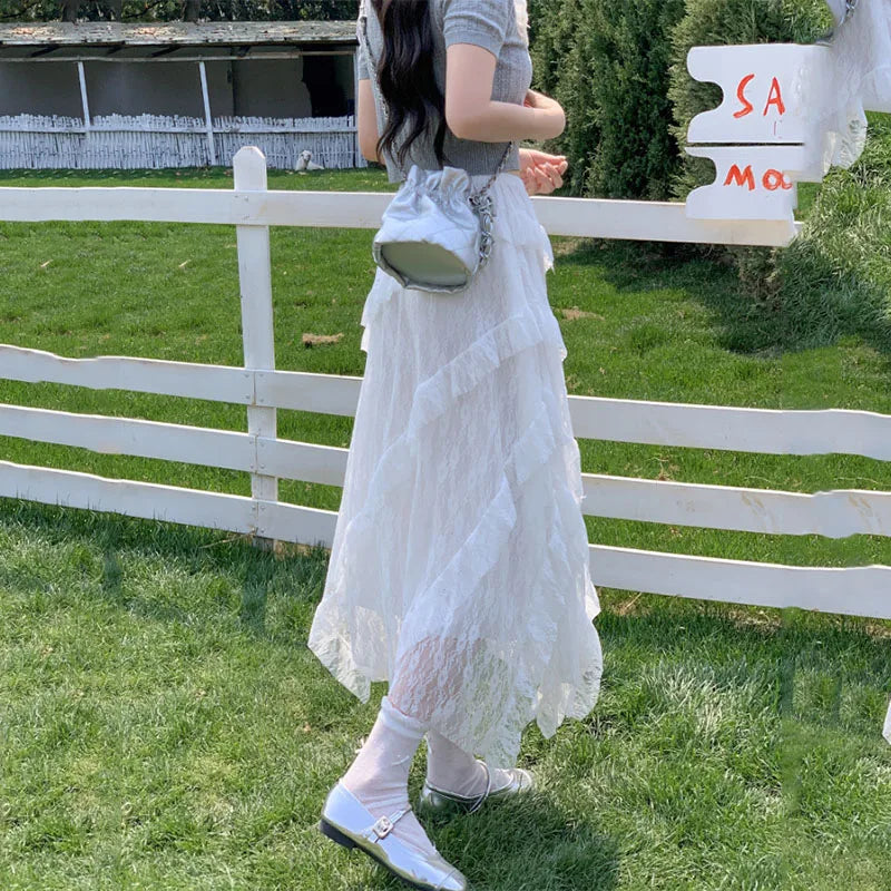White Lace Irregular Maxi Skirts Women Vintage Ruffles Spliced A-Line Skirts Woman Summer Design Sheer High Waist Cake Skirt