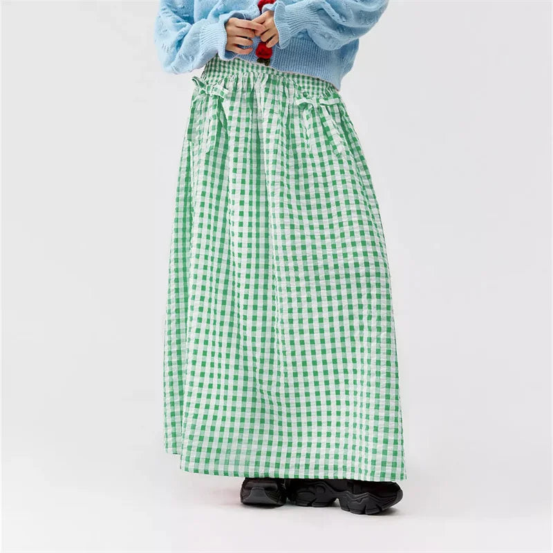 Women Y2K Bow Plaid Maxi Skirt High Waist Gingham Tiered Long Skirt Vintage A-Line Ruffle Flowy Midi Skirt Party Clubwear