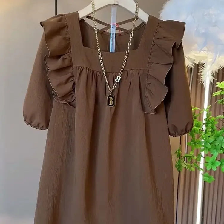 Summer Casual V-neck Back Cross Strap Fly Sleeve Elastic Shoulder Loose Fit Small Shirt Versatile Simple Top for Plump Sister