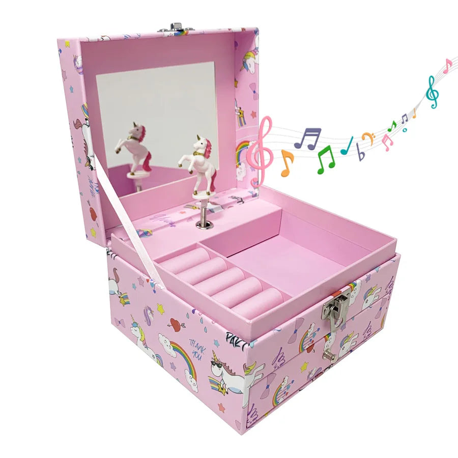 1pc Music Box with Drawer Mirror Rotating Pink Pony Jewelry Storage Box for Ring Necklaces Bracelets Birthday Gift