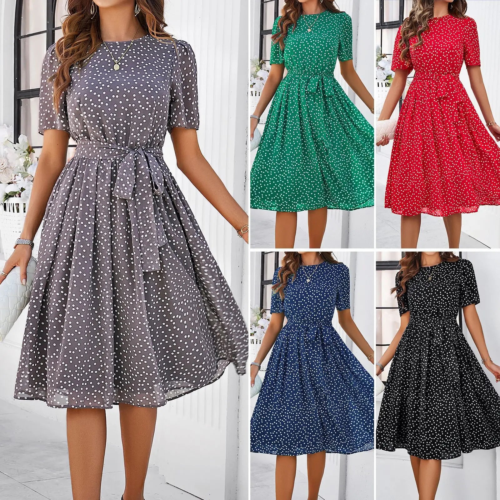 Casual Loose Printed Dot Short Dresses For Women 2025 Fashion Summer Women's A-Line Midi Dress Elegant Vintage Female Dresses