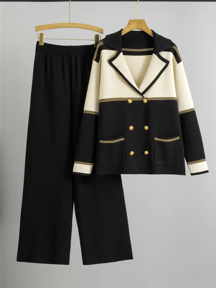 Korean Design Knitted 2 Piece Sets Women Knitwears Double Breasted Sweater Cardigan Tops Conjuntos High Waist Sweatpants Outfit