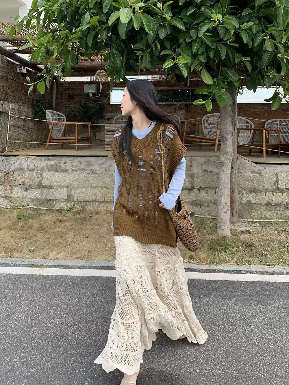 Retro Hollow Knitted Crochet Women's Solid Color Skirt 2025 Summer Fashion Lace Patchwork Female High Waisted Skirt
