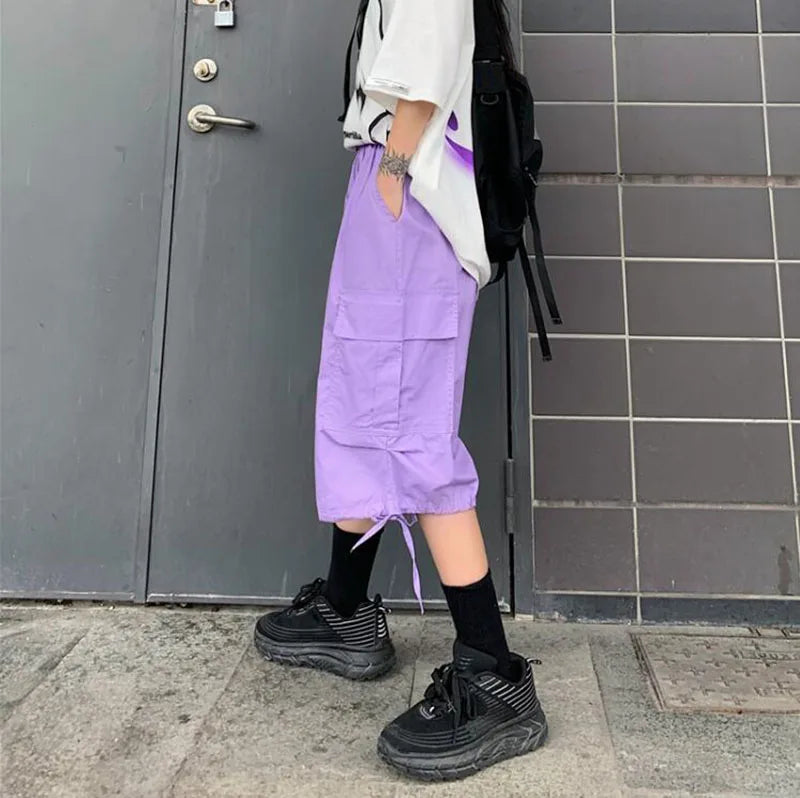 Zoki Streetwear Harajuku Oversize Bf Cargo Shorts Hip Hop Fashion High Waist Women Big Pockets Casual Shorts Summer Loose Shorts