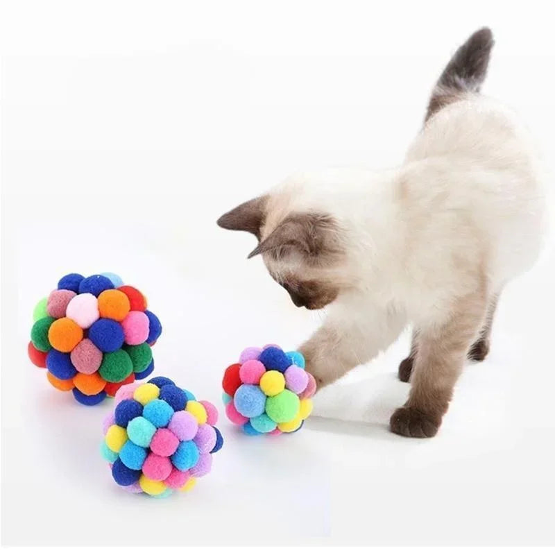 Pet Toy Cat Toys Cat Plush Ball Toys Pet Bouncy Bell Ball Toy Colorful Pompoms Pet Supplies Random Color