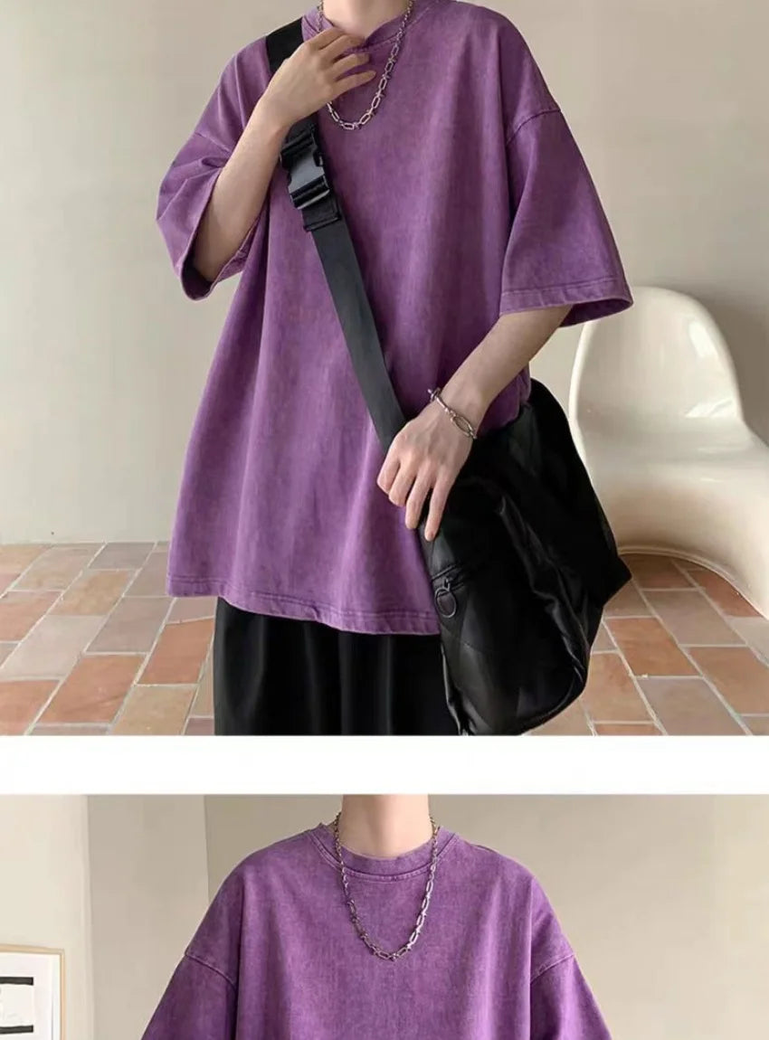 2025 summer European code wash heavy short sleeve T-shirt for young men pure cotton solid color loose retro round neck half slee