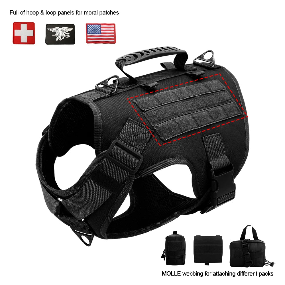 Nylon Tactical Dog Harness Collar Leash No Pull Military Pet Harness Vest For Medium Large Dogs Training Molle Harness Pouches