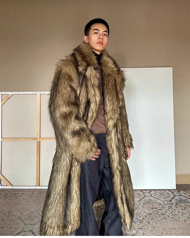 Men's fur coat, Wolf fur, fox fur, lapel long overcoat, winter windproof and warm windbreaker, large size