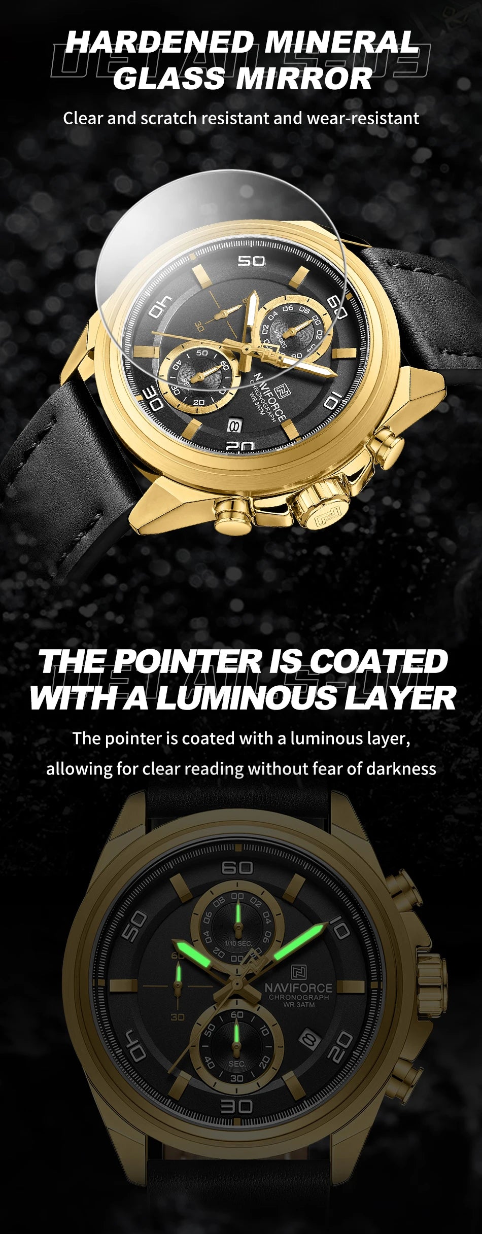 NAVIFORCE  Hands Wristwatches Genuine Leather Strap Alloy Case Casual Watches Dress Watch for Men Waterproof with Date Luminous