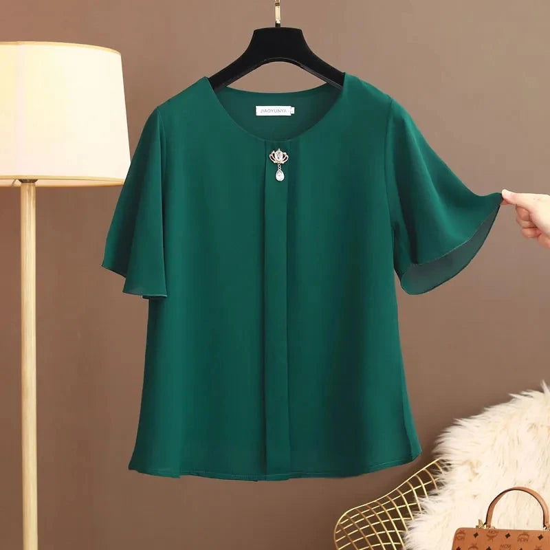 Women Blouse And Tops Summer Short Sleeve Chiffon T-shirt Middle Age Female Fashion Pullover Tshirts Shirts Large Size L-6XL