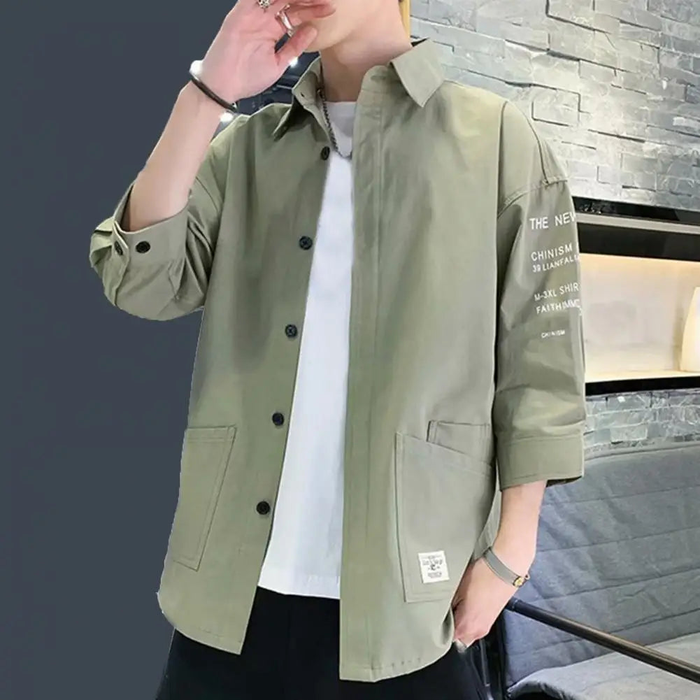 Japanese Style Men Cargo Shirt Half Sleeve Single-breasted Shirt Vintage Logo Label Decor Men Jacket Casual Loose Cardigan Shirt